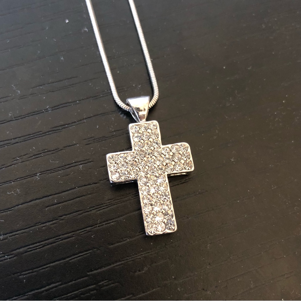 Rhinestone Big Giant Christian Cross Charm Silver Necklace